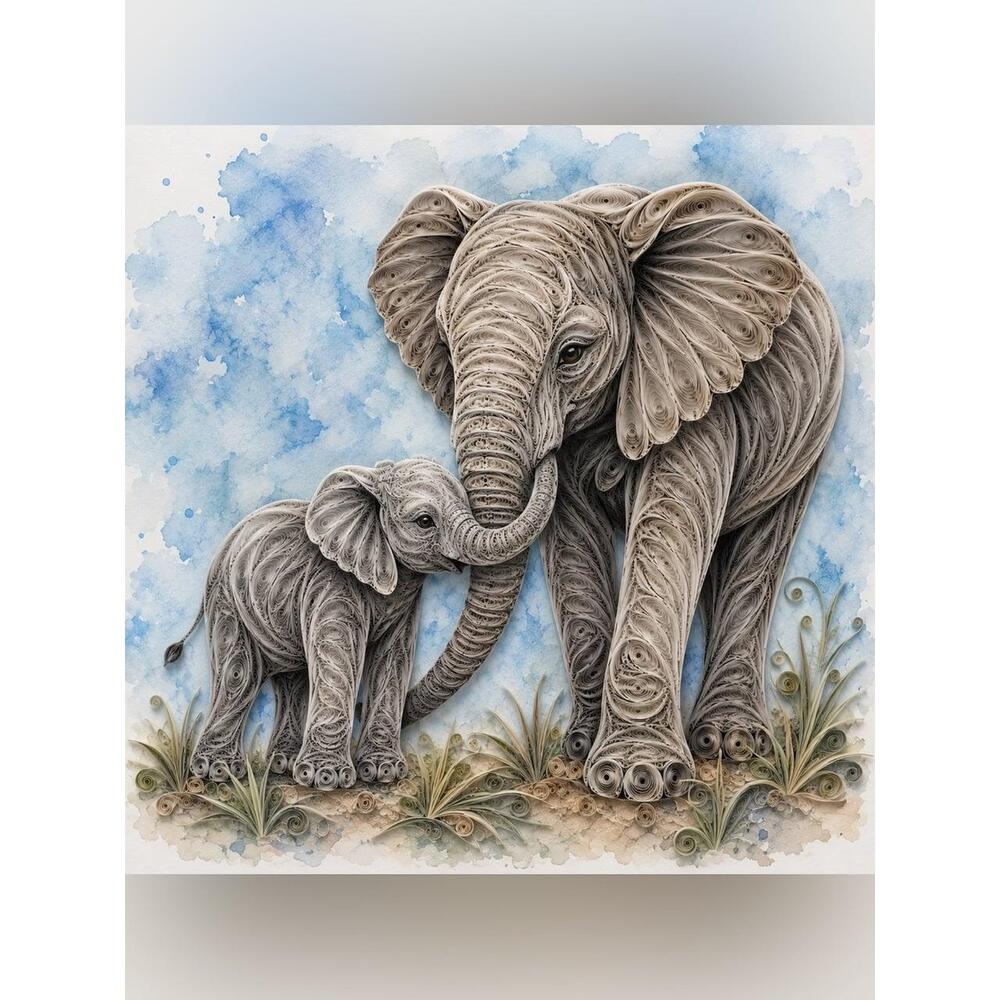 8x8 Black Framed Quilled Mother & Baby Elephant Wall Art Print